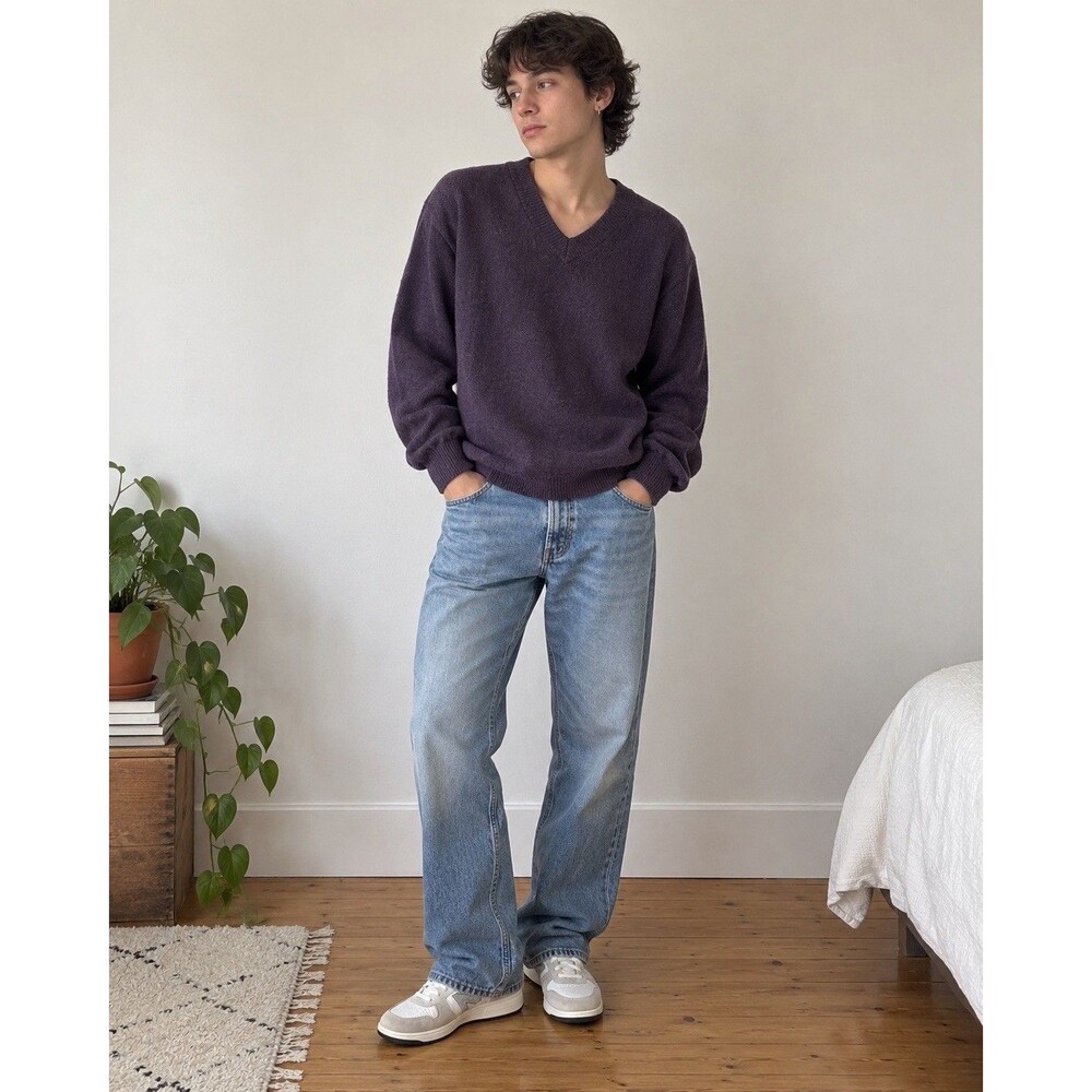 Peru Unlimited Baby Alpaca Wool Sweater Men M Purple V Neck Made Peru Old Money
